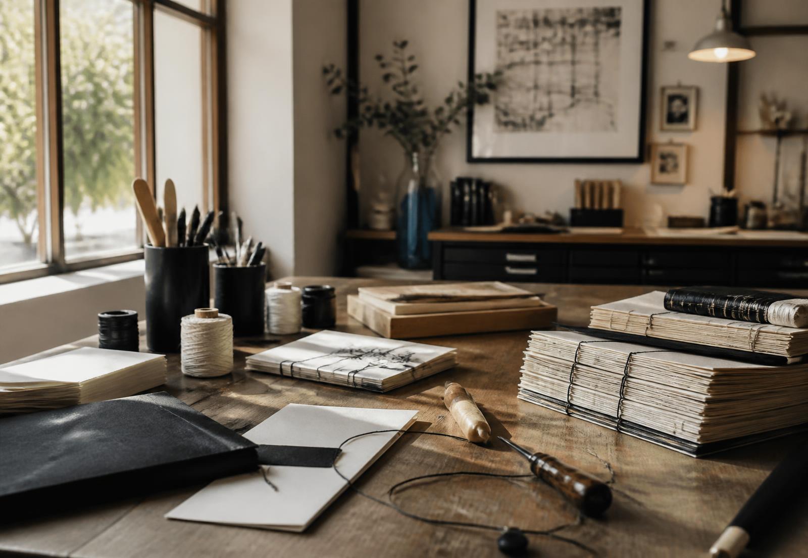 Taller creativo de Bladimania con herramientas artesanales y libretas hechas a mano